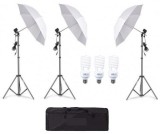 Cumpara ieftin Kit de 3 umbrele albe, 3 trepiezi reglabili 200 cm, 3 becuri 45W, geanta de transport inclusa