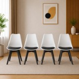 Set 4 scaune Artool Mark pentru bucatarie si living, albe cu perna neagra