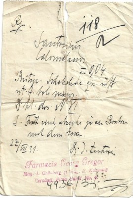 A3764N Rețetă magistrală cu antet Farmacia La &amp;icirc;ngerul păzitor, 1931, Cernăuți foto