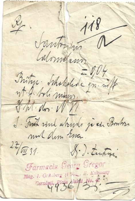 A3764N Rețetă magistrală cu antet Farmacia La &icirc;ngerul păzitor, 1931, Cernăuți