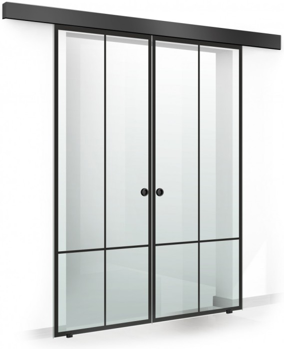 Usa culisanta Boss &reg; Duo Black model Club negru, 85+85x215 cm, sticla Gri securizata, glisanta in ambele directii