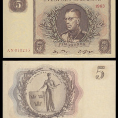 SUEDIA █ bancnota █ 5 Kronor █ 1963 █ P-50b █ UNC necirculata