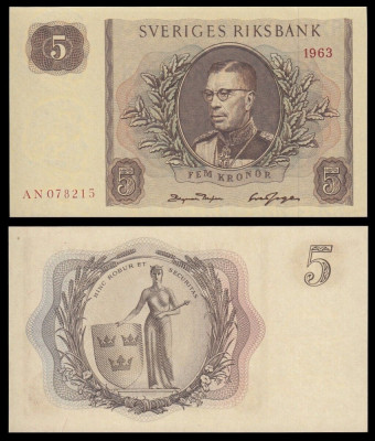 SUEDIA █ bancnota █ 5 Kronor █ 1963 █ P-50b █ UNC necirculata foto