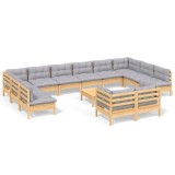 Set mobilier gradina cu perne, 13 piese, gri, lemn de pin