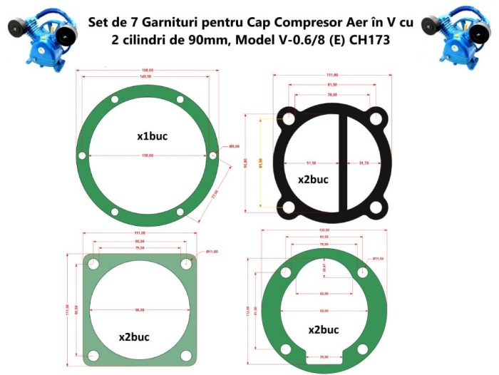 Set de 7 Garnituri set pentru cap compresor de aer V 2x90mm Mod.0.6-8 (E) CH173