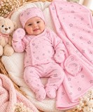 Costumas bumbac fete 5 piese roz cu imprimeu stelute set complet bebelusi
