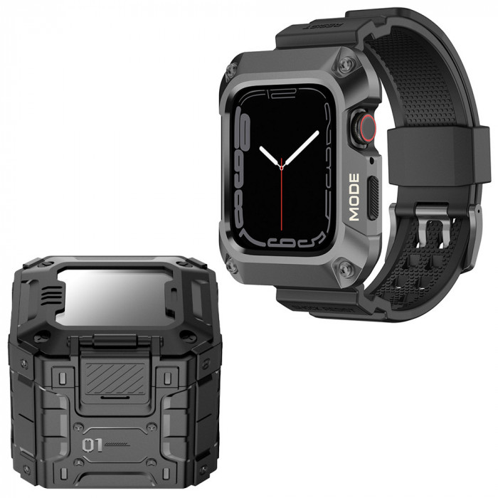 Husa compatibila apple watch 7 / 8 / 9 45mm si curea ruggedarmor, grey