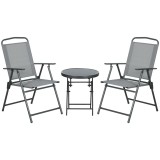 Outsunny Set de Exterior din 3 Piese cu Masă cu Blat din Sticlă și 2 Scaune Pliabile din Plasă, Ф45x50 cm, Gri Deschis | Aosom Romania