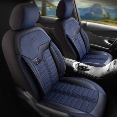 Set Huse Scaune Auto pentru Opel Mokka - Panda Londra, cu fermoare pentru bancheta rabatabila, albastru - negru , 11 piese