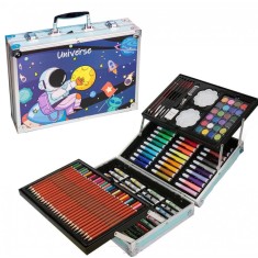 Set de pictura si desen pentru copii WePro Store, 145 de piese, Cutie Metalica, 3 ani +, Albastru astronaut