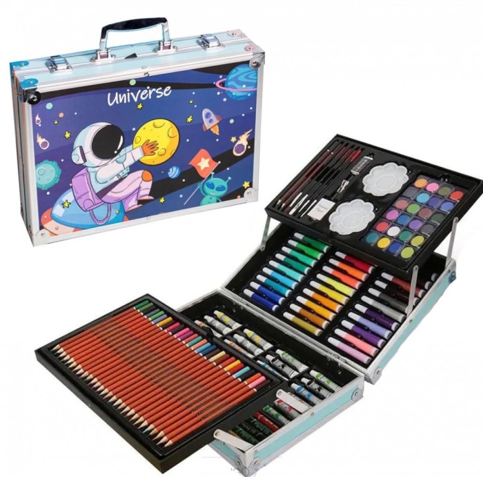 Set de pictura si desen pentru copii WePro Store, 145 de piese, Cutie Metalica, 3 ani +, Albastru astronaut