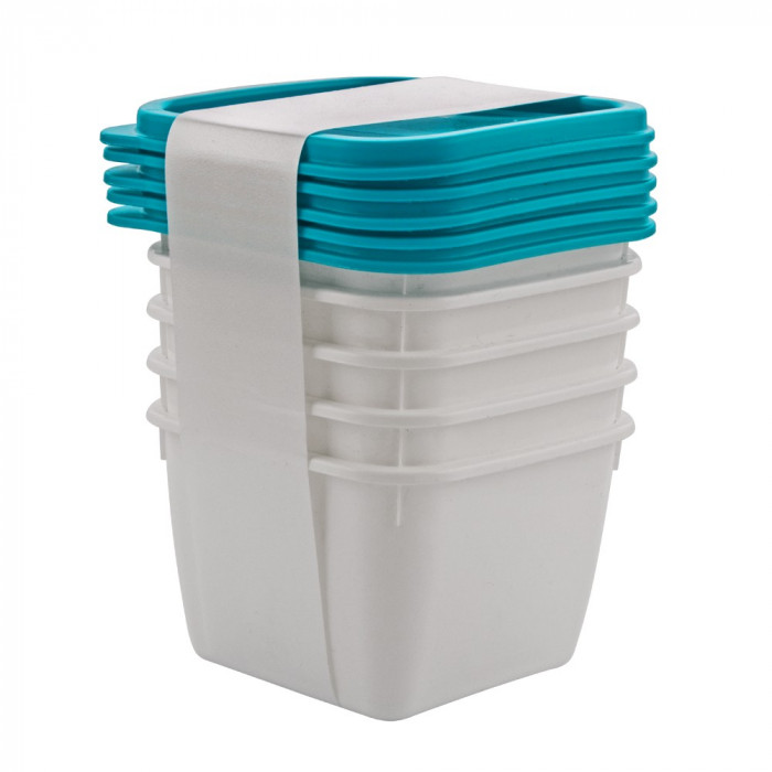 Set 5 cutii alimentare Gies, plastic, cu capac, 0.5L, Alb/Turcoaz