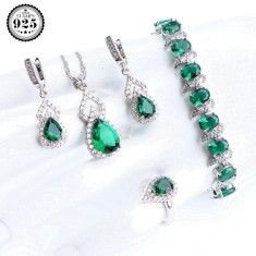 Set bijuterii elegante placate cu argint 925, cu cristale de zirconiu verde-smarald