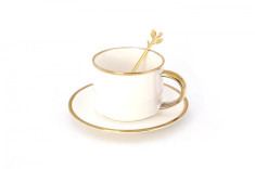 Set Ceasca de cafea din ceramica cu farfurie si lingurita,Alb foto