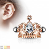 Piercing pentru ureche, din oțel &ndash; coroană regală cu o lacrimă, bară, bile - Culoare: Arămiu