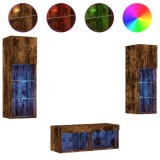Cumpara ieftin Comode TV de perete cu lumini LED, 4 piese, stejar fumuriu