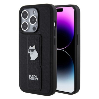 Husa pentru iPhone 15 Pro - Karl Lagerfeld Saffiano Gripstand (KLHCP15LGSACHPK) - Choupette Pins foto