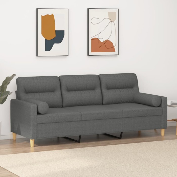 Gossi canapea cu 3 locuri cu pernute, gri inchis, 180 cm, textil
