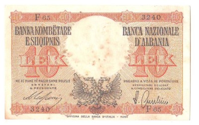 SV * Albania 10 LEK 1940 * ocupatia Italia WWII * XF+ foto