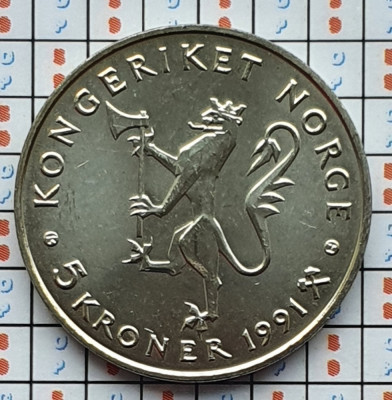 Norvegia 5 kroner 1991 UNC - Olav V (National Bank) - km 430 - D01 foto