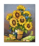 Cumpara ieftin Tablou pictat manual living, dormitor, Floarea soarelui, albastrele si carte, 60x50cm ulei pe panza, gata de agatat pe perete