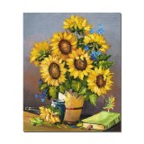 Tablou pictat manual living, dormitor, Floarea soarelui, albastrele si carte, 60x50cm ulei pe panza, gata de agatat pe perete
