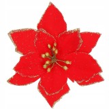 Set 10 ornamente brad Craciun Poinsettia 13 cm, rosu cu sclipici