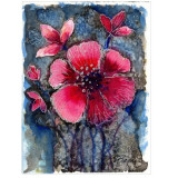 E25. Tablou, Flori rosii pe fond inghetat, acuarela, ne-inramat, 15 x 21 cm, Abstract