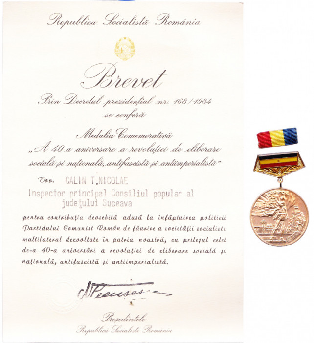 AMS - MEDALIA COMEMORATIVA A 40 ANIVERSARE A REV. ELIB.SOC., NAT. BARETA, BREVET