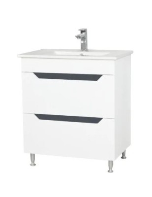 Baza si lavoar ceramic GN0561, mobilier baie stativ 70 cm, front MDF, 2 sertare, glisiere soft close, picioare cromate reglabile, alb/antracit foto