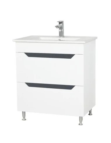 Baza si lavoar ceramic GN0561, mobilier baie stativ 70 cm, front MDF, 2 sertare, glisiere soft close, picioare cromate reglabile, alb/antracit