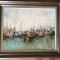 Tablou,pictura belgiana in ulei pe panza,barci in port,semnat