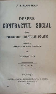 Despre Contractul Social - J.j. Rousseau , E707 foto