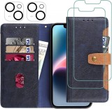 Set de husa cu 2 folii de protectie ecran si 2 camera pentru iPhone 14 Plus Gimane, piele PU/sticla securizata, albastru, 6,7 inchi