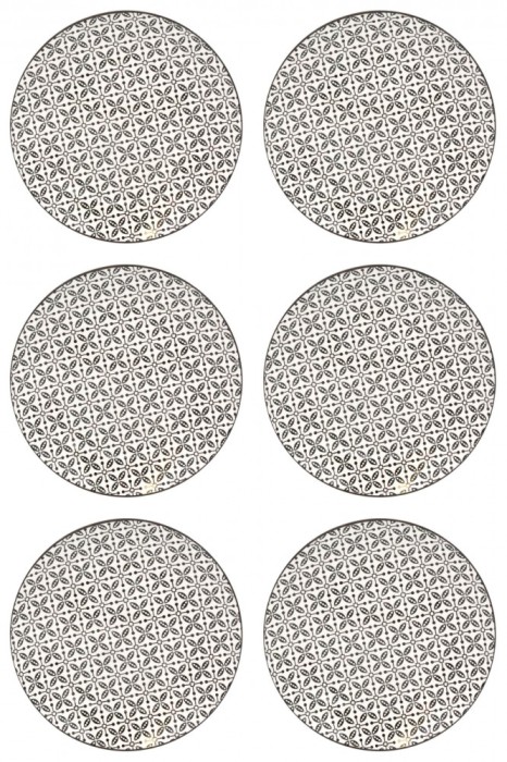 Set farfurii 6 piese din portelan pentru fructe, bej cu model negru, diametru 19.6 cm