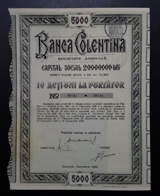 Actiune 1928 Banca Colentina , titlu de 10 actiuni la purtator foto