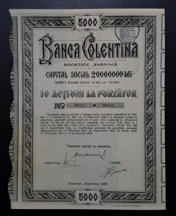 Actiune 1928 Banca Colentina , titlu de 10 actiuni la purtator