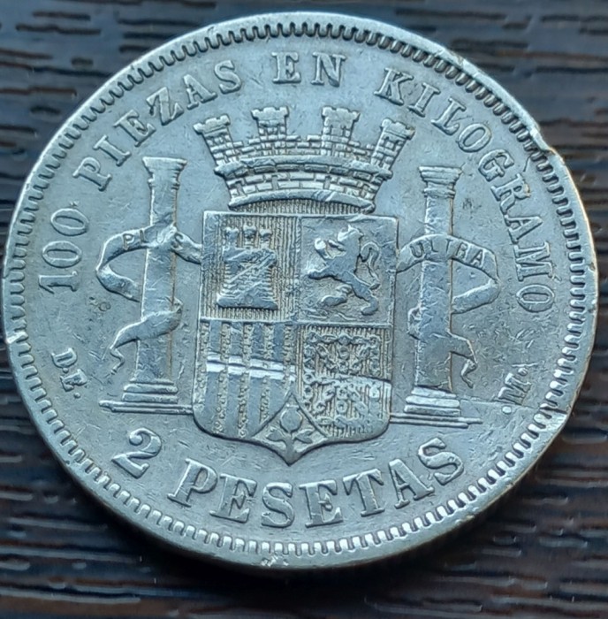 (A502) MONEDA DIN ARGINT SPANIA - 2 PESETAS 1870 DEM, LOVITA