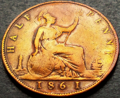 Moneda istorica HALF PENNY - Marea Britanie/ Anglia, anul 1861 *cod 569 VICTORIA foto