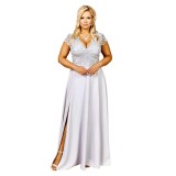 Rochie CRYSTAL marime 54 Plus Size, eleganta si lunga cu broderie, brocart, cu fanta discreta, pentru Nunta, Cununie, argintiu