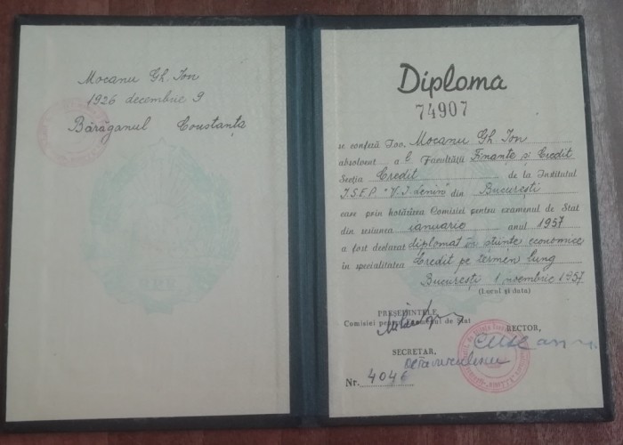 QW13 1 10 - 1957 - Diploma absolvire - Institutul ISEP VI Lenin - contabil