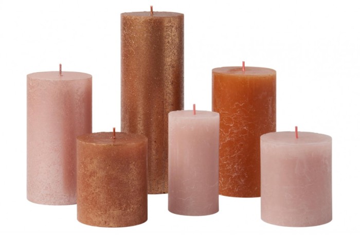Set de 5 lumanari rustice tip bloc Bolsius Rustic Pillar, Cozy Coppers, fara parfum - RESIGILAT