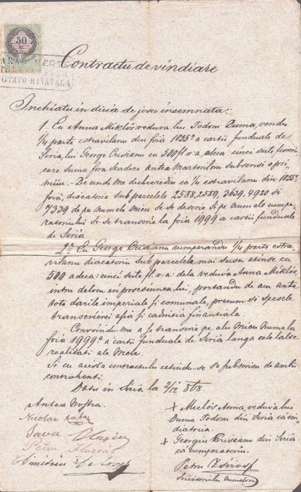 A3851N Contract de v&acirc;nzare, 1868, Șiria, județul Arad