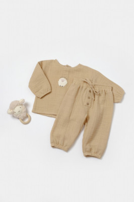 Set bluza si pantaloni, Winter muselin, 100% bumbac - Apricot, BabyCosy (Marime: 6-9 luni) foto
