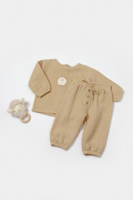 Set bluza si pantaloni, Winter muselin, 100% bumbac - Apricot, BabyCosy (Marime: 9-12 luni)