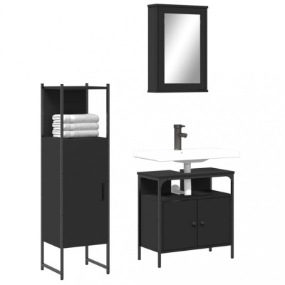 Set mobilier de baie, 3 piese, negru, lemn compozit foto