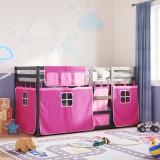 VidaXL Pat supraetajat cu perdele, roz, 90x190 cm, lemn masiv pin