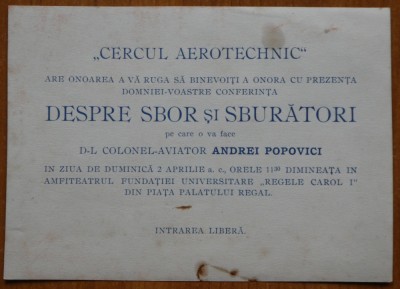 Invitatie la conferinta Cercul Aerotehnic; Despre sbor si sburatori, Col. aviator Andrei Popovici, interbelica foto