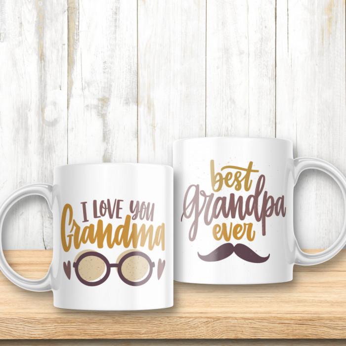 Set de 2 căni personalizate &quot;Bunicul si Bunica&quot; Roz-toarta-inima