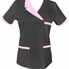 Halat Medical Pe Stil, Negru cu Elastan Cu Paspoal si Garnitură roz deschis, Model Nicoleta - 2XL